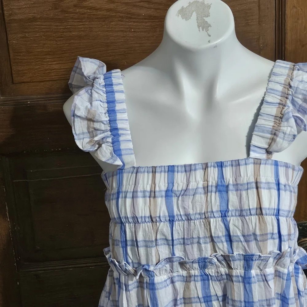 Blu Pepper Plaid Smocked Ruffle Mini dress Blue & Tan Size S